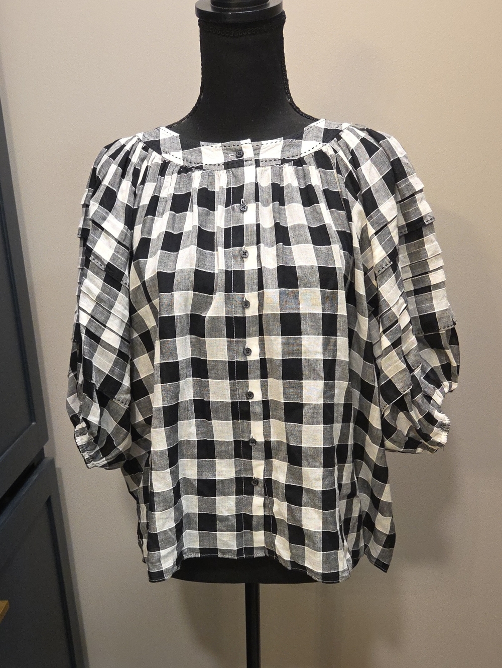 THE GREAT. The Carriage Top Black/Cream Gingham Blouse Size 0